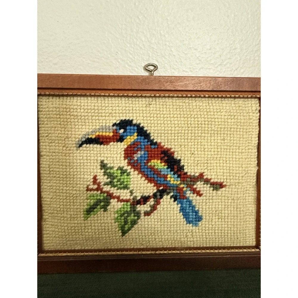Vintage Framed Needlepoint Artwork Hand Stitched Toucan Bird On A Branch